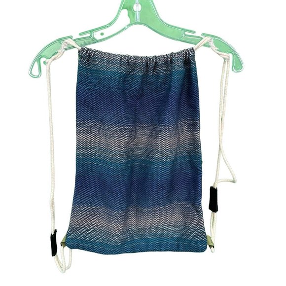 Lenny Lamb Blue Herringbone Weave Woven Wrap Bag Drawstring Backpack Tote Sack - Picture 2 of 6